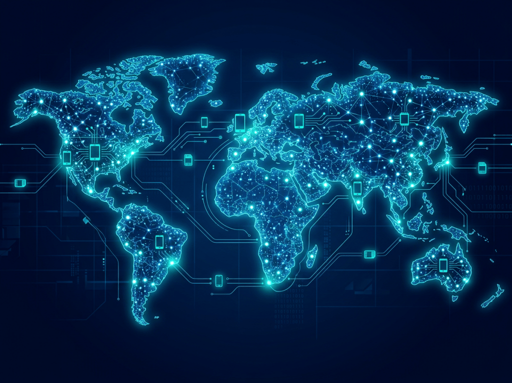 Glowing digital world map with connected nodes, devices, and circuit lines